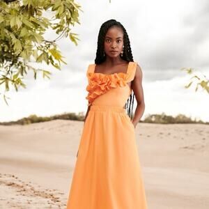 Anthropologie x Sovere Strapless Ruffle Top Maxi Dress Tangerine Orange Size M